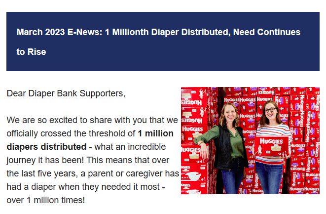 March 2023 E-News: 1 Millionth Diaper Distributed, Need Continues to Rise